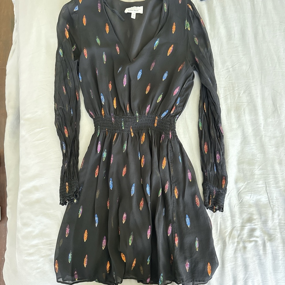 & Other Stories Black Mini Dress with Multicolor Leaf Pattern